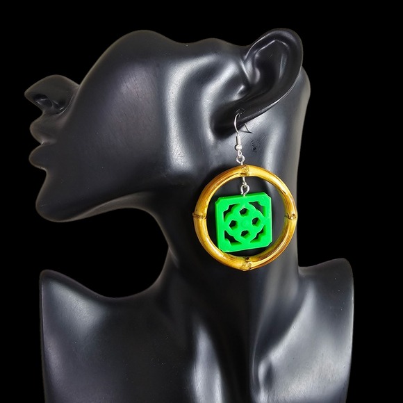 Handmade Bamboo Earrings Green Jade Tile Statement Dangle Drop Earrings Tiki VLV - Picture 1 of 4